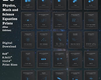 25 láminas con ecuaciones de física, matemáticas y ciencias (edición azul) - Pósteres modernos y minimalistas para decoración del aula y el hogar (descarga digital)