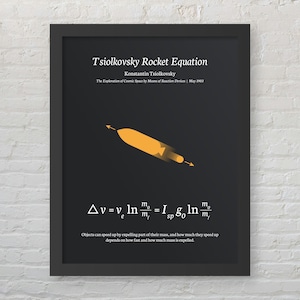 May include: Black framed poster featuring the "Tsiolkovsky Rocket Equation" with a diagram of a rocket in orange and yellow. The poster includes scientific formulas and the text "Objects can speed up by expelling part of their mass, and how much they speed up..."