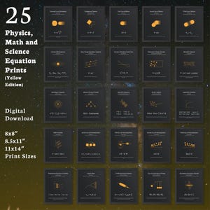 25 prints met natuurkunde-, wiskunde- en wetenschapsvergelijkingen (gele editie) - Moderne, minimalistische posters voor klaslokaal en huisdecoratie (digitale download)