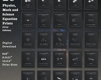 25 láminas de ecuaciones de física, matemáticas y ciencias (edición gris): pósteres modernos y minimalistas para la decoración del aula y del hogar (descarga digital)