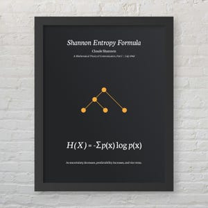 以下が含まれることがあります： 黄色い木の図と「Shannon Entropy Formula」というテキストが書かれた黒と白のポスター。Claude Shannonの名前も記載されている。図の下には「H(X) = -Σp(x) log p(x)」という式が書かれている。ポスターの下部には「As uncertainty decreases, predictability increases, and vice versa.」というテキストが書かれている。