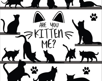 Cat Silhouette, Cat Outline, Kitten, Cat Paw, Are you Kitten Me - 17 SVG and 17 PNG Files - Digital Download