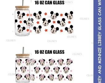 Mickey 16oz Libbey Glass Can Wrap, 16oz Glass Can Wrap, Minnie Glass Can Wrap - Instant Download - 2 SVG - 2 PNG Files - Transparent Back