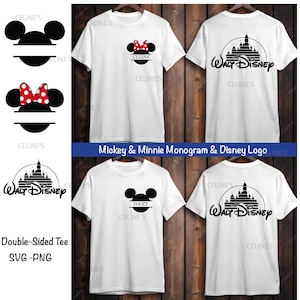 Könnte beinhalten: Weiße T-Shirts mit Mickey Mouse und Minnie Mouse Designs. Ein Shirt zeigt eine rote Schleife mit Punkten und den Namen "CELINE" unter den Ohren. Die Rückseite der Shirts zeigt das Walt Disney Logo. Das Bild zeigt auch den Text "Mickey & Minnie Monogram & Disney Logo".
