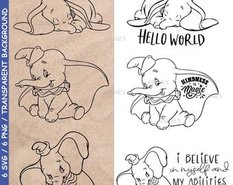 Dumbo, Dumbo Clipart, Dumbo Outline, Dumbo Silhouette, Positive Quotes - 6 SVG & 6 PNG - Instant Download - Transparent Background