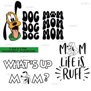 Op de afbeelding: Een verzameling hond-thema graphics in zwart en wit, met Pluto, de woorden "DOG", "MOM", en zinnen als "What's Up Mom?" en "Life is Ruff". Bevat een groene banner met tekst.