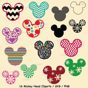 Könnte beinhalten: Eine Sammlung von 16 Mickey Mouse Kopf-Cliparts in verschiedenen Designs. Die Designs umfassen Chevron, Polka Dots, Herzen, Streifen und Schneeflocken. Die Farbpalette umfasst Schwarz, Türkis, Rot, Pink, Grün und mehrfarbige Optionen. Der Text "16 Mickey Head Cliparts / SVG / PNG" befindet sich unten.
