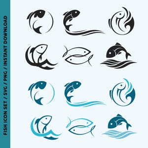 Könnte beinhalten: Satz von 10 schwarzen und blauen Fisch-Logo-Designs. Die Fische sind stilisiert und abstrakt, einige Designs zeigen Wellen. Die Logos sind perfekt für die Verwendung in Branding-, Marketing- und Designprojekten.