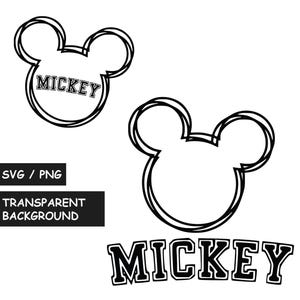 Könnte beinhalten: Schwarz-weiße Strichzeichnung von Mickey Mouse-Ohren. Ein Design enthält den Namen "Mickey" innerhalb der Ohrenkontur. Das Bild enthält auch das Wort "Mickey" in einer College-Schriftart und den Text "SVG / PNG" und "Transparenter Hintergrund".