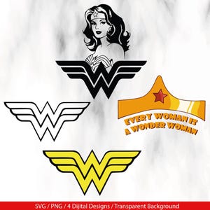 May include: A collection of Wonder Woman-themed digital designs. Includes a black and white illustration of Wonder Woman, the iconic "W" emblem in black and yellow, and a golden tiara with the text "Every Woman Is A Wonder Woman".