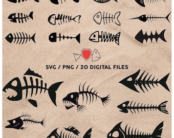 Fish Bone Silhouette Bundle, Fish Bone Outline -  20 SVG and PNG Files Instant Download - Transparent Background