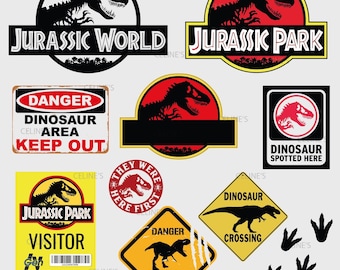 May include: A collection of dinosaur-themed stickers featuring Jurassic World and Jurassic Park logos, danger warning signs, a visitor pass, and black dinosaur footprints. The designs include red, yellow, black, and white colours with text.