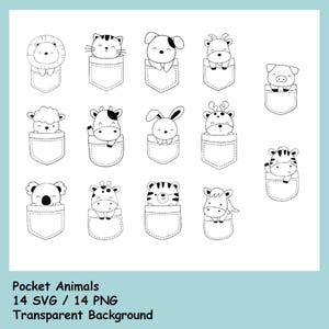 May include: A collection of black and white line drawings of animals such as a lion, cat, dog, and zebra, each in a pocket. The image includes the text "Pocket Animals". The background is a light blue color.