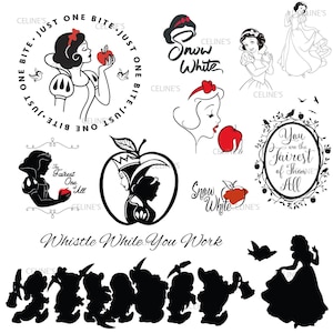 Puede incluir: Una colección de ilustraciones digitales en blanco y negro con Blancanieves, los siete enanitos y manzanas. El texto incluye Just One Bite, Snow White, The Fairest One of All, You are the Fairest of Them All y Whistle While You Work.