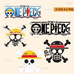 May include: A collection of digital graphic files featuring the One Piece logo and skull emblems. Designs include the blue and white logo, a black silhouette version, a distressed skull with a straw hat, and two clean skull and hat icons.
