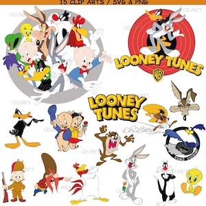 Puede incluir: Una colección de 15 ilustraciones de personajes de Looney Tunes que incluye a Bugs Bunny, Daffy Duck, Tweety, Sylvester, Porky Pig, Taz, Wile E. Coyote, Road Runner, Foghorn Leghorn y Elmer Fudd, con el texto del logotipo de Looney Tunes.