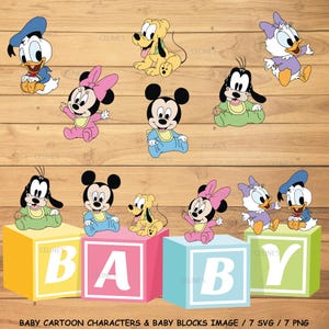 Baby Mickey, Baby Minnie, Baby Gofy, Baby Pluto, Baby Daisy, Baby Donald, Baby Party, 7 plików SVG i 7 PNG, natychmiastowe pobieranie