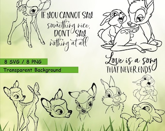 Bambi, clipart de Bambi, ciervo Bambi, clipart de conejo Tambor, contorno de Bambi, contorno de Tambor - 8 SVG y 8 PNG - Descarga instantánea