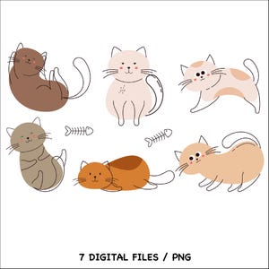 Cute Hand Drawn Cat, Cute Cat PNG - 7 Digital Files - Instant Download