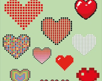 Pixel Hearts, Heart, Couple, Love, Love Sign, Heart Sign -  10 SVG & 10 PNG Files, Instant Download