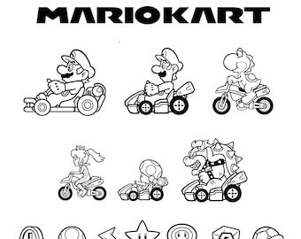 Mario Kart, Mario Kart Outline, Mario Friends  - 14 Digital Download - SVG & PNG Files - Transparent Background