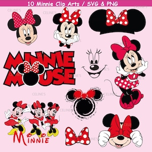 May include: A collection of 10 Minnie Mouse digital clip art designs in SVG and PNG formats, featuring various illustrations of the character, her iconic red and white polka dot bows, mouse ears, and the text Minnie Mouse in red.