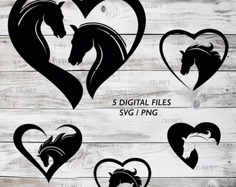 Silueta de corazón de caballo, amor de caballo, contorno de caballo, sublimación de caballo - 5 SVG y 5 PNG - Descarga instantánea - Fondo transparente