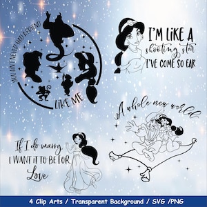 May include: Four clip arts featuring characters and quotes from a popular animated film. The images include silhouettes and line drawings of characters, with phrases like "I'm like a shooting star" and "A whole new world."