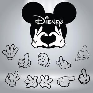May include: A collection of black and white cartoon Mickey Mouse hand gestures. The Disney logo is above a pair of hands forming a heart. Other hands show thumbs up, pointing, and other gestures.