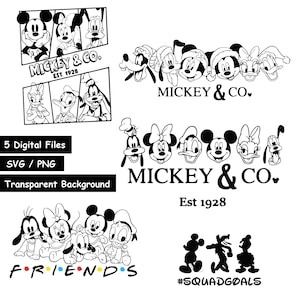 Puede incluir: Ilustraciones digitales en blanco y negro de Mickey Mouse y sus amigos. La imagen incluye varias agrupaciones de personajes, el texto "MICKEY & CO. EST. 1928", "FRIENDS" y "#SQUADGOALS". Para archivos SVG y PNG.
