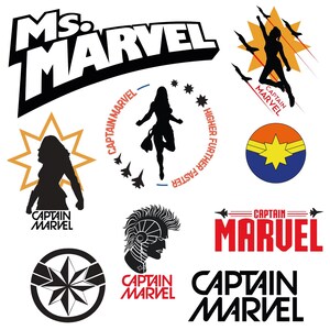 May include: A selection of Captain Marvel logos and graphics in black, white, red, orange, and yellow. The designs feature silhouettes of the character, starbursts, and the words "Ms. Marvel" and "Captain Marvel".