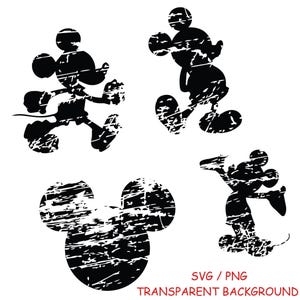May include: Four black distressed Mickey Mouse silhouettes in different poses on a white background. The image includes the text "SVG / PNG TRANSPARENT BACKGROUND" in red.