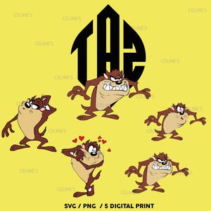 May include: Five digital print designs featuring Taz, the Tasmanian Devil, in various poses. The designs include Taz with a heart-shaped eye, Taz with a surprised expression, and Taz with a menacing expression. The designs are perfect for creating custom t-shirts, mugs, and other personalized items.