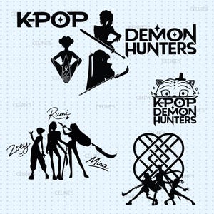 Peut inclure: Plusieurs dessins noirs de silhouettes avec les mots "K-POP" et "DEMON HUNTERS." L'image comprend des personnages avec des armes et des graphismes stylisés. Les noms "Zoey," "Rumi" et "Mira" sont également présents. Le fond est bleu clair avec de petits points blancs.