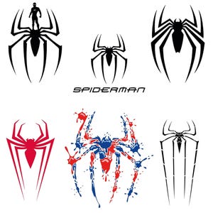 Puede incluir: Colección de logotipos de Spider-Man en varios estilos. Incluye emblemas de araña en blanco y negro, un diseño de salpicaduras de pintura roja y azul y un logotipo de araña roja. También aparece la palabra "SPIDERMAN".