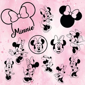 May include: A collection of black and white Minnie Mouse illustrations on a pink watercolor background. The designs include full-body poses, head silhouettes, and the word "Minnie" in script. The bow is a prominent feature in each design.