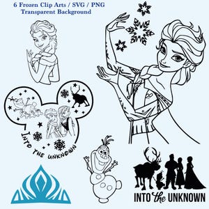 Può includere: Clipart in bianco e nero con personaggi ed elementi del film Frozen. Include Elsa, Olaf, renne e il testo "Into the Unknown". L'immagine include anche una corona blu e fiocchi di neve.