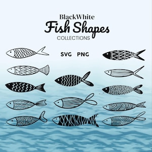 Op de afbeelding: Zwart-witte visvormen in verschillende stijlen. De vissen zijn zwart omlijnd en gevuld met verschillende patronen. De tekst "BlackWhite Fish Shapes Collections SVG PNG" staat bovenaan de afbeelding.