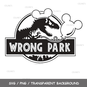 Puede incluir: Gráfico en blanco y negro con un esqueleto de dinosaurio con un gorro de chef, con un globo de Mickey Mouse. El texto "WRONG PARK" se muestra en una pancarta rectangular. El diseño es una parodia de un logotipo de película popular.
