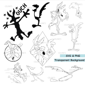 Op de afbeelding: Een verzameling zwart-wit digitale illustraties met Wile E. Coyote en de Road Runner in verschillende houdingen, waaronder een silhouet met de tekst OUCH, een coyote met dynamiet en een rennende vogel. Inclusief SVG & PNG tekst.