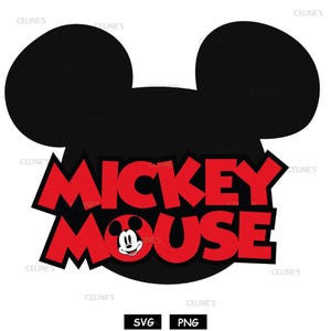 May include: A black silhouette of Mickey Mouse's head with the words "MICKEY MOUSE" in red, outlined in black. The image includes a smiling Mickey Mouse face within the text. The image is a PNG and SVG file.