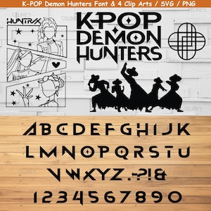 Może przedstawiać: Cyfrowy zestaw graficzny zawierający tekst K-POP DEMON HUNTERS, alfabet od A do Z, cyfry od 0 do 9, znaki interpunkcyjne, cztery ilustracje postaci w panelach oraz sylwetkę pięciu postaci w kapeluszach z szerokim rondem.