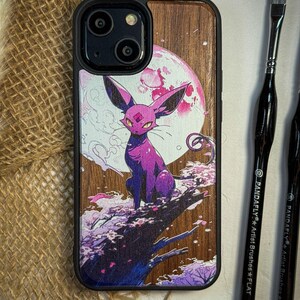 Japanese Monster Anime Cartoon Legendary Espeon Wood Phone Case for iPhone, Samsung, and Google Pixel