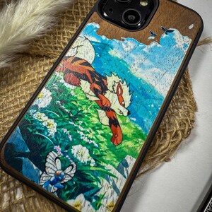 Japanese Monster Anime Cartoon Red Fire Dog  Wood Phone Case for iPhone, Samsung, and Google Pixel