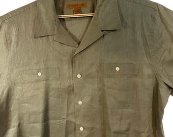 Vintage Today's Man 100% Linen Camp Shirt XL Olive Green Shirt Hong Kong Made