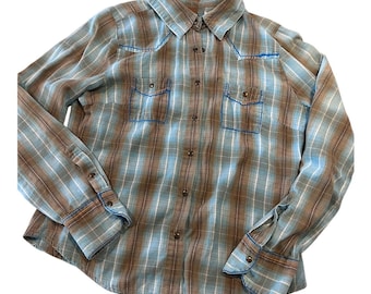 Camicia western a quadri stile Y2K di Roxy con bottoni a pressione e ricamo floreale sul retro, in cotone, taglia L (veste piccola!).