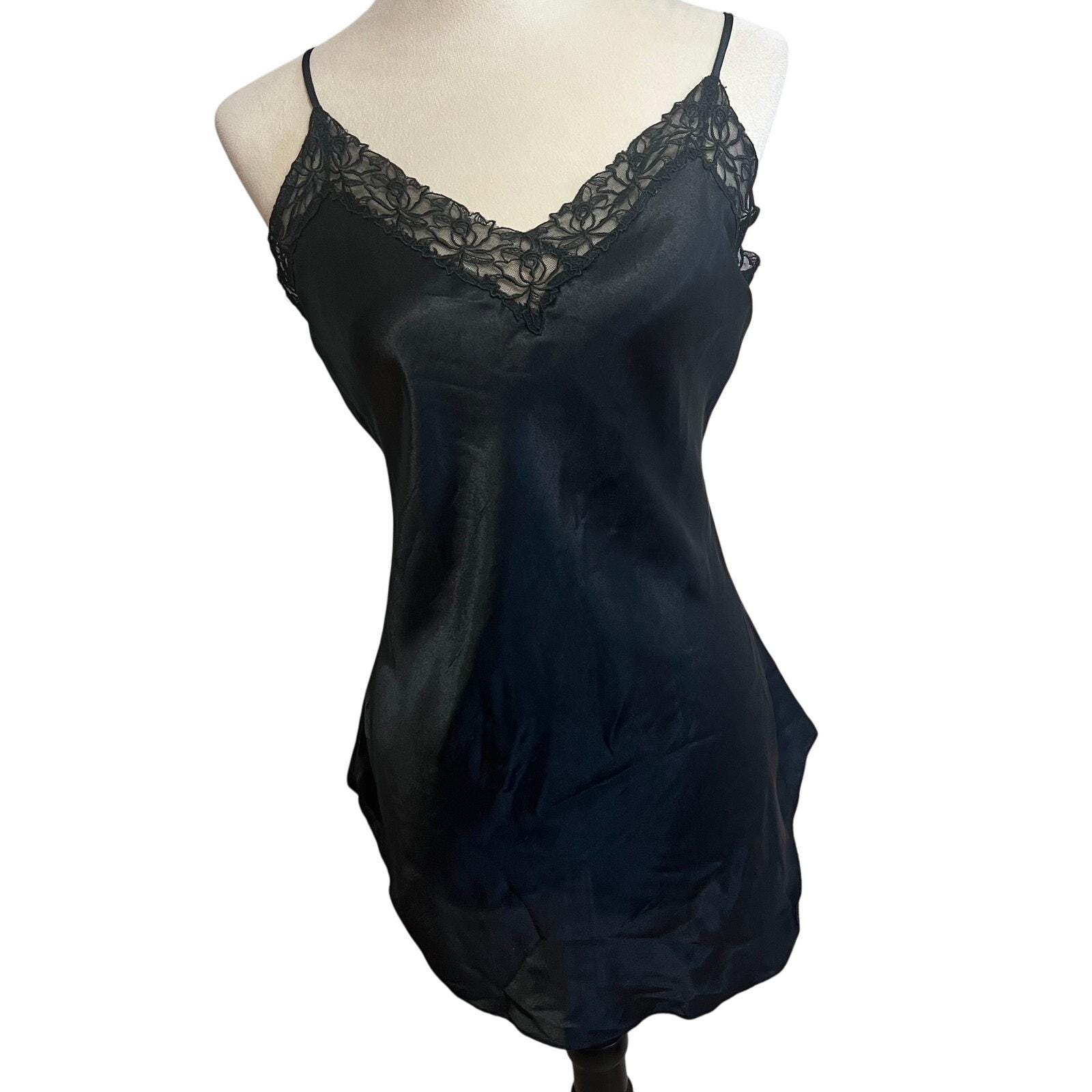 Vintage 90s Victoria’s Secret Black Satin Lace Slip Dress Gold Label M