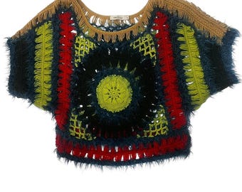 Suéter de ganchillo estilo boho Y2K de Grifflin Paris, tejido de patchwork suave / Talla pequeña