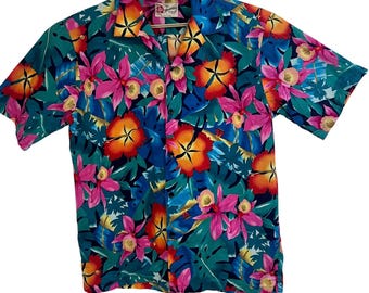 Camicia hawaiana vintage Hilo Hattie, realizzata alle Hawaii, con stampa floreale tropicale, in cotone / Taglia M