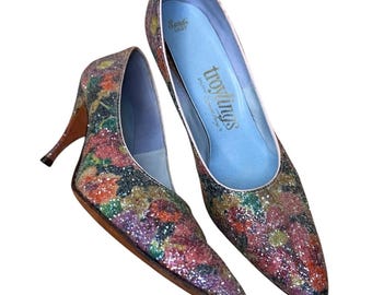 Zapatos de tacón Troyling by Seymour Troy vintage / Tacones florales con purpurina de los años 50 y 60 / Talla 8.5